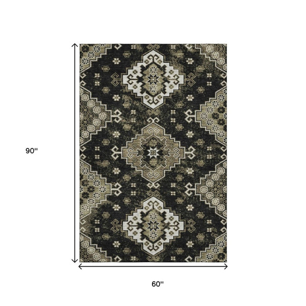 HomeRoots 5' X 8' Black And Ivory Medallion Area Rug - Washable, UV Protected, Stain Resistant for Stylish Living 667362