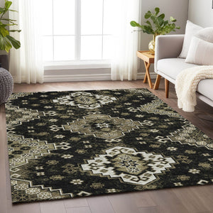 HomeRoots 5' X 8' Black And Ivory Medallion Area Rug - Washable, UV Protected, Stain Resistant for Stylish Living 667362