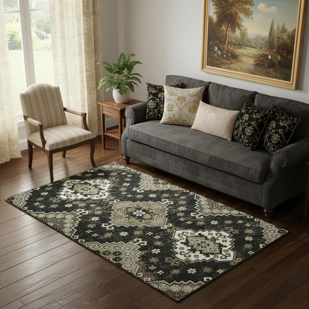 HomeRoots 5' X 8' Black And Ivory Medallion Area Rug - Washable, UV Protected, Stain Resistant for Stylish Living 667362