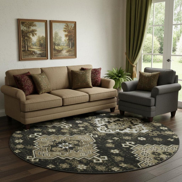 HomeRoots 8' Black And Ivory Medallion Round Rug - Washable, Stain Resistant, UV Protected for Busy Homes 667363
