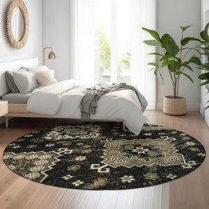 HomeRoots 8' Black And Ivory Medallion Round Rug - Washable, Stain Resistant, UV Protected for Busy Homes 667363