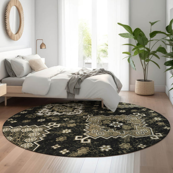 HomeRoots 8' Black And Ivory Medallion Round Rug - Washable, Stain Resistant, UV Protected for Busy Homes 667363