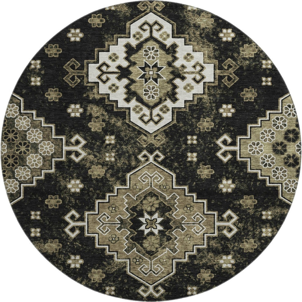 HomeRoots 8' Black And Ivory Medallion Round Rug - Washable, Stain Resistant, UV Protected for Busy Homes 667363