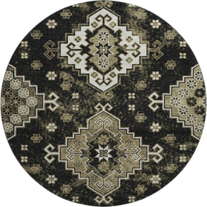 HomeRoots 8' Black And Ivory Medallion Round Rug - Washable, Stain Resistant, UV Protected for Busy Homes 667363
