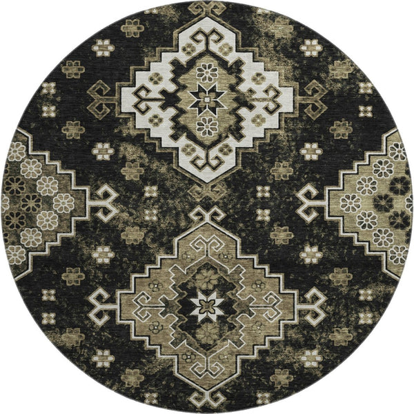 HomeRoots 8' Black And Ivory Medallion Round Rug - Washable, Stain Resistant, UV Protected for Busy Homes 667363