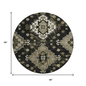 HomeRoots 8' Black And Ivory Medallion Round Rug - Washable, Stain Resistant, UV Protected for Busy Homes 667363