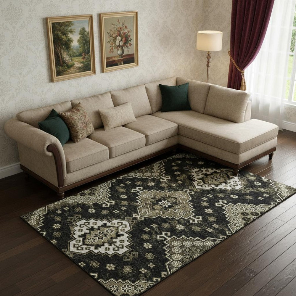 HomeRoots 8' X 10' Black And Ivory Medallion Area Rug – Durable, Washable, UV Protected for High-Traffic Homes 667364