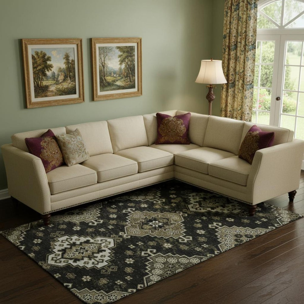 HomeRoots 9' X 12' Black And Ivory Medallion Area Rug - Durable, Washable, UV Protected for High-Traffic Spaces 667365