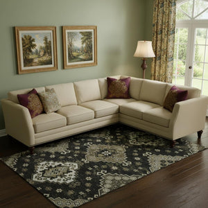 HomeRoots 9' X 12' Black And Ivory Medallion Area Rug - Durable, Washable, UV Protected for High-Traffic Spaces 667365