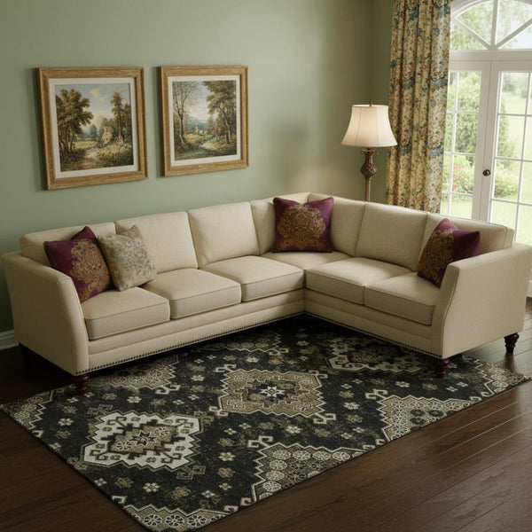 HomeRoots 9' X 12' Black And Ivory Medallion Area Rug - Durable, Washable, UV Protected for High-Traffic Spaces 667365