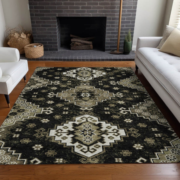 HomeRoots 9' X 12' Black And Ivory Medallion Area Rug - Durable, Washable, UV Protected for High-Traffic Spaces 667365