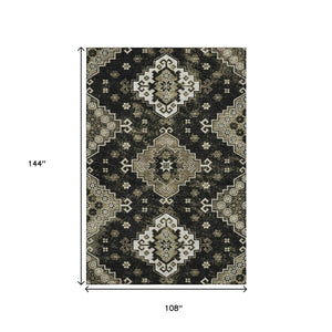 HomeRoots 9' X 12' Black And Ivory Medallion Area Rug - Durable, Washable, UV Protected for High-Traffic Spaces 667365