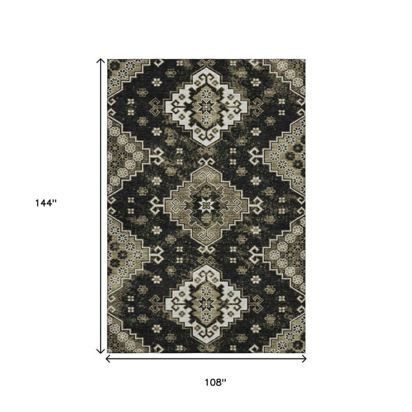 HomeRoots 9' X 12' Black And Ivory Medallion Area Rug - Durable, Washable, UV Protected for High-Traffic Spaces 667365