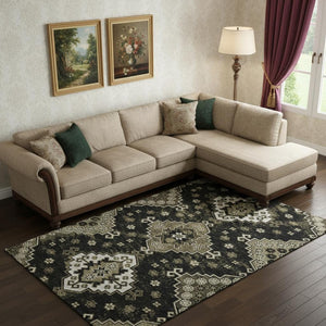 HomeRoots 10' X 14' Elegant Black and Ivory Medallion Washable Area Rug with UV Protection for High Traffic Areas 667366