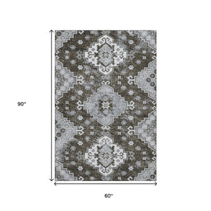 HomeRoots 5' X 8' Elegant Chocolate Gray & Ivory Medallion Area Rug – Washable, UV Protected, Stain Resistant! 667368