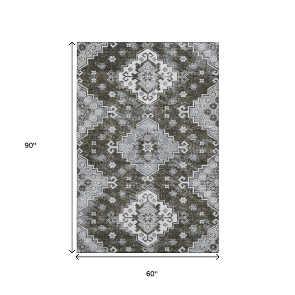 HomeRoots 5' X 8' Elegant Chocolate Gray & Ivory Medallion Area Rug – Washable, UV Protected, Stain Resistant! 667368