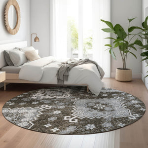 HomeRoots 8' Chocolate Gray & Ivory Medallion Washable Round Rug – Durable, Stylish, UV Protected for Homes 667369