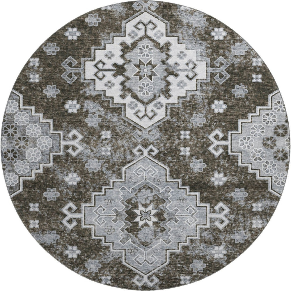 HomeRoots 8' Chocolate Gray & Ivory Medallion Washable Round Rug – Durable, Stylish, UV Protected for Homes 667369