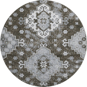 HomeRoots 8' Chocolate Gray & Ivory Medallion Washable Round Rug – Durable, Stylish, UV Protected for Homes 667369