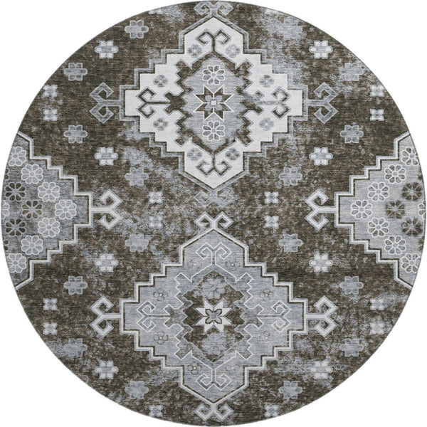 HomeRoots 8' Chocolate Gray & Ivory Medallion Washable Round Rug – Durable, Stylish, UV Protected for Homes 667369