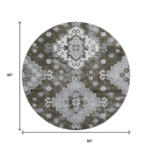 HomeRoots 8' Chocolate Gray & Ivory Medallion Washable Round Rug – Durable, Stylish, UV Protected for Homes 667369