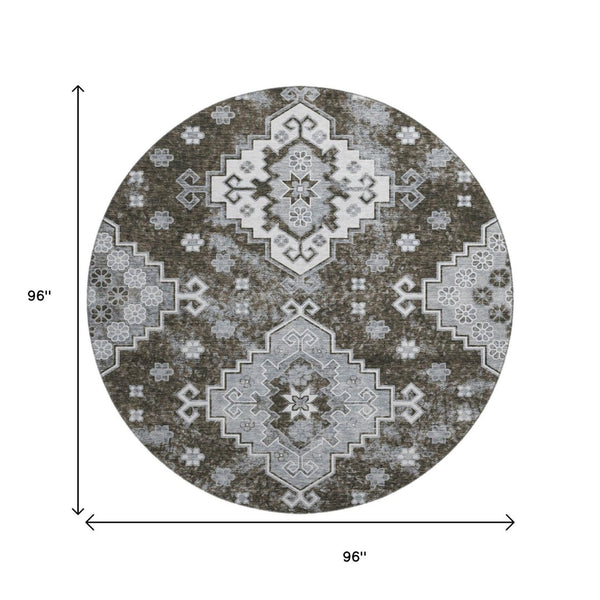 HomeRoots 8' Chocolate Gray & Ivory Medallion Washable Round Rug – Durable, Stylish, UV Protected for Homes 667369