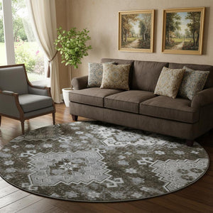HomeRoots 8' Chocolate Gray & Ivory Medallion Washable Round Rug – Durable, Stylish, UV Protected for Homes 667369