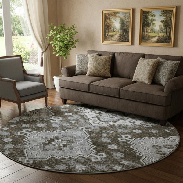 HomeRoots 8' Chocolate Gray & Ivory Medallion Washable Round Rug – Durable, Stylish, UV Protected for Homes 667369