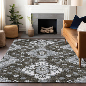 HomeRoots 8' X 10' Chocolate Gray Ivory Medallion Washable Area Rug - Durable, Stain-Resistant & UV Protected 667370