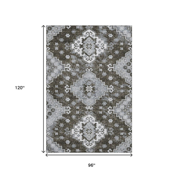 HomeRoots 8' X 10' Chocolate Gray Ivory Medallion Washable Area Rug - Durable, Stain-Resistant & UV Protected 667370