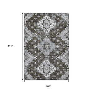 HomeRoots 9' X 12' Chocolate Gray & Ivory Medallion Area Rug - Durable, Stain Resistant, UV Protected Elegance 667371