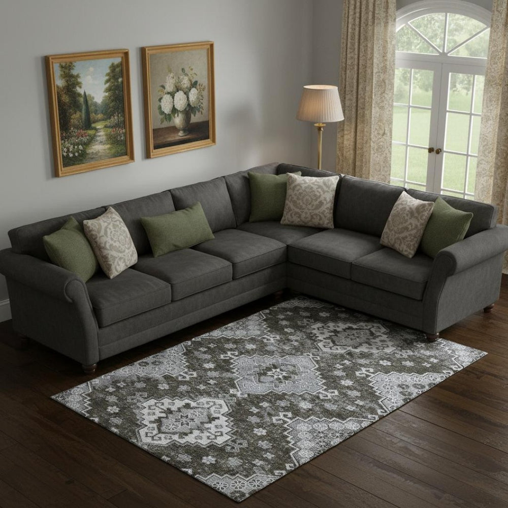 HomeRoots 9' X 12' Chocolate Gray & Ivory Medallion Area Rug - Durable, Stain Resistant, UV Protected Elegance 667371