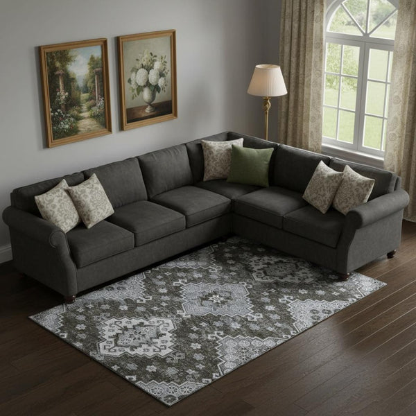 HomeRoots 10' X 14' Chocolate Gray Ivory Medallion Area Rug - Washable, Stain-Resistant, UV-Protected Design 667372
