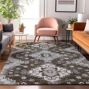 HomeRoots 10' X 14' Chocolate Gray Ivory Medallion Area Rug - Washable, Stain-Resistant, UV-Protected Design 667372