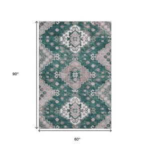HomeRoots 5' X 8' Emerald Brown Ivory Medallion Washable Area Rug - Stain Resistant, UV Protected & Durable 667374