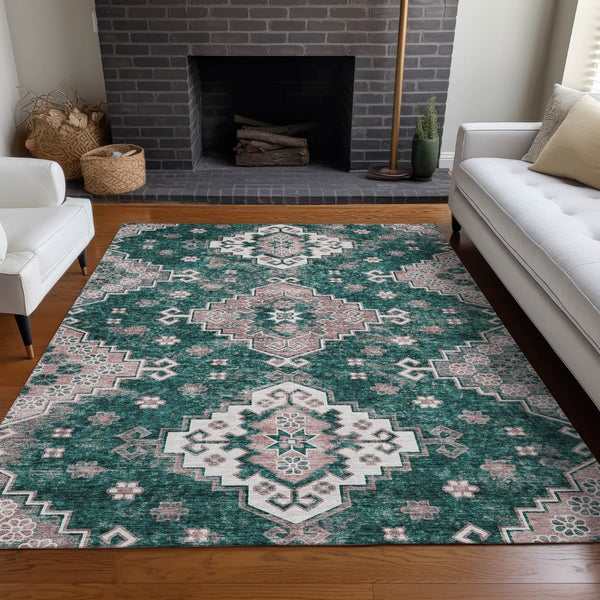 HomeRoots 5' X 8' Emerald Brown Ivory Medallion Washable Area Rug - Stain Resistant, UV Protected & Durable 667374