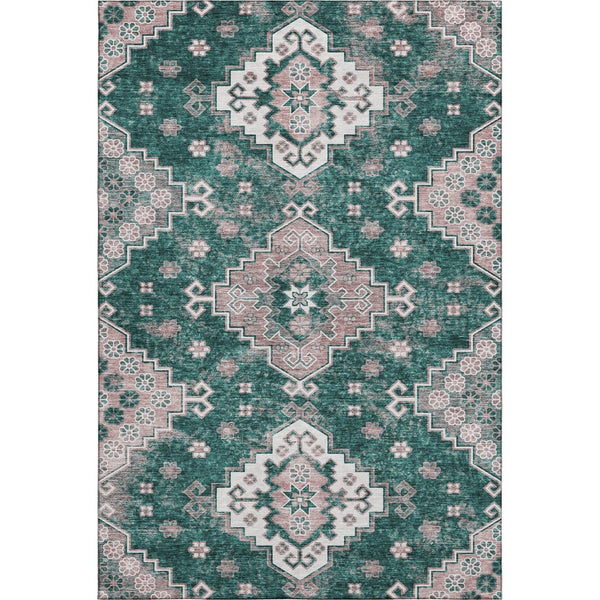 HomeRoots 5' X 8' Emerald Brown Ivory Medallion Washable Area Rug - Stain Resistant, UV Protected & Durable 667374