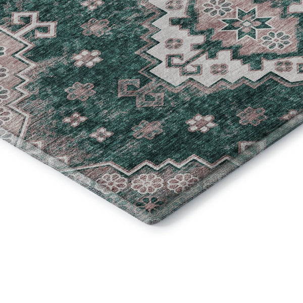 HomeRoots 5' X 8' Emerald Brown Ivory Medallion Washable Area Rug - Stain Resistant, UV Protected & Durable 667374