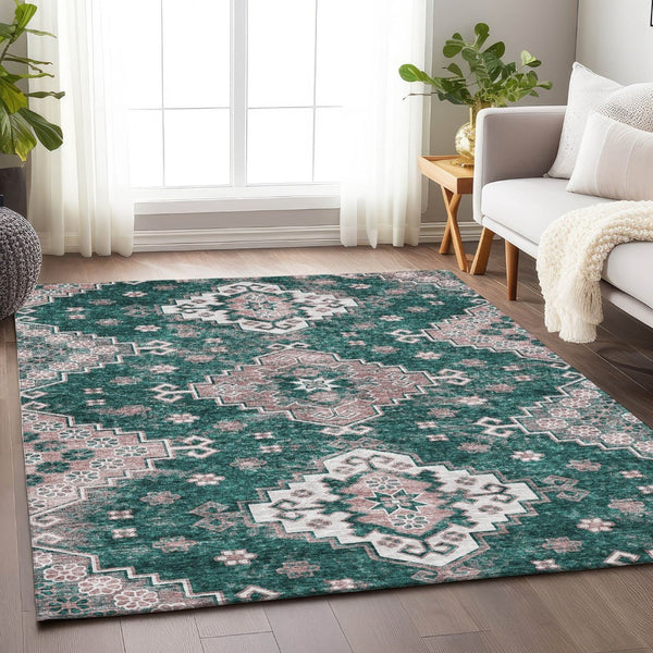 HomeRoots 5' X 8' Emerald Brown Ivory Medallion Washable Area Rug - Stain Resistant, UV Protected & Durable 667374