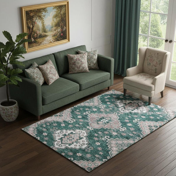 HomeRoots 5' X 8' Emerald Brown Ivory Medallion Washable Area Rug - Stain Resistant, UV Protected & Durable 667374