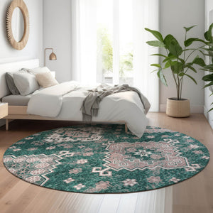 HomeRoots 8' Emerald Brown & Ivory Medallion Washable Round Rug – Stain-Resistant, UV Protected, Soft & Durable 667375