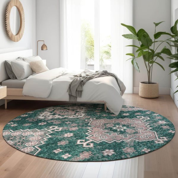 HomeRoots 8' Emerald Brown & Ivory Medallion Washable Round Rug – Stain-Resistant, UV Protected, Soft & Durable 667375