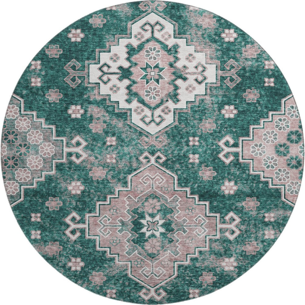 HomeRoots 8' Emerald Brown & Ivory Medallion Washable Round Rug – Stain-Resistant, UV Protected, Soft & Durable 667375