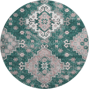 HomeRoots 8' Emerald Brown & Ivory Medallion Washable Round Rug – Stain-Resistant, UV Protected, Soft & Durable 667375