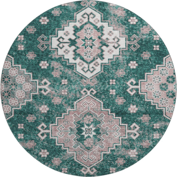 HomeRoots 8' Emerald Brown & Ivory Medallion Washable Round Rug – Stain-Resistant, UV Protected, Soft & Durable 667375