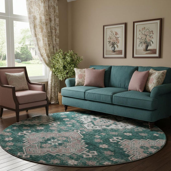 HomeRoots 8' Emerald Brown & Ivory Medallion Washable Round Rug – Stain-Resistant, UV Protected, Soft & Durable 667375