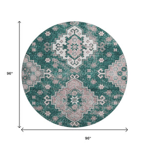 HomeRoots 8' Emerald Brown & Ivory Medallion Washable Round Rug – Stain-Resistant, UV Protected, Soft & Durable 667375