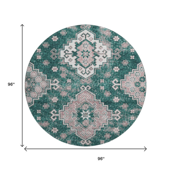 HomeRoots 8' Emerald Brown & Ivory Medallion Washable Round Rug – Stain-Resistant, UV Protected, Soft & Durable 667375