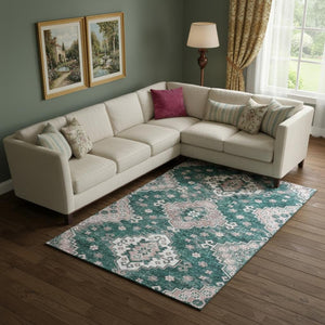 HomeRoots 8' X 10' Elegant Medallion Area Rug in Emerald, Brown & Ivory - Washable, UV-Protected & Stylish 667376