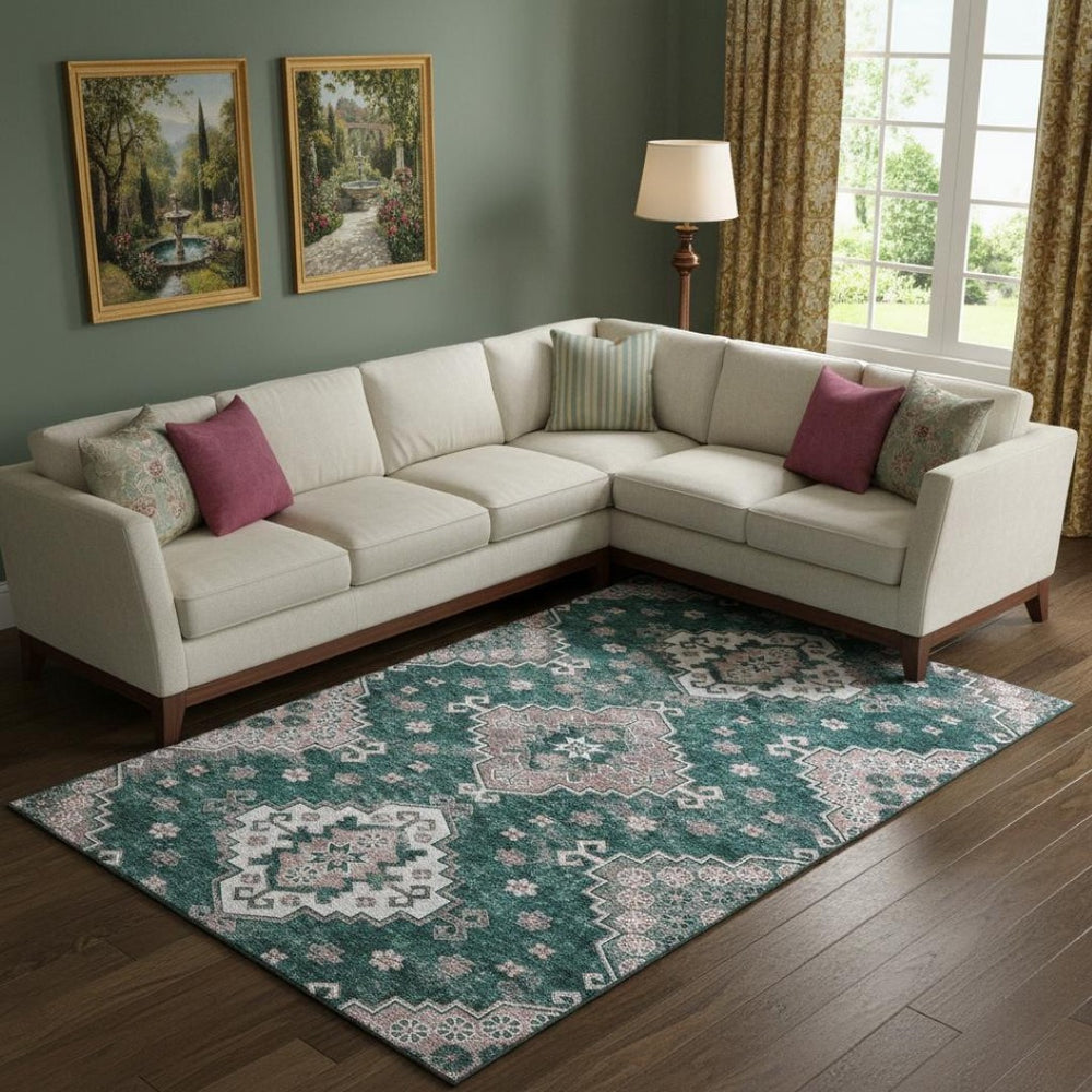 HomeRoots 9' Emerald Brown and Ivory Medallion Area Rug - Washable, UV-Protected, Perfect for High-Traffic Homes 667377